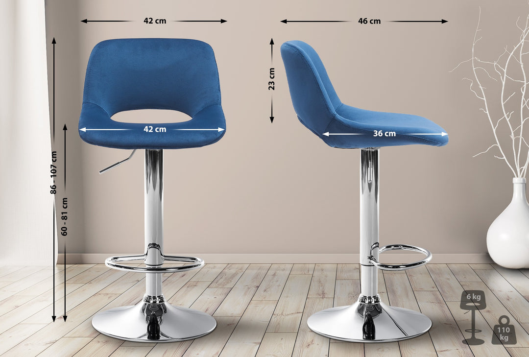 Set van 2 Barkrukken met Rugleuning Fluweel Verstelbaar Draaibaar 106 Blauw - afbeelding 2